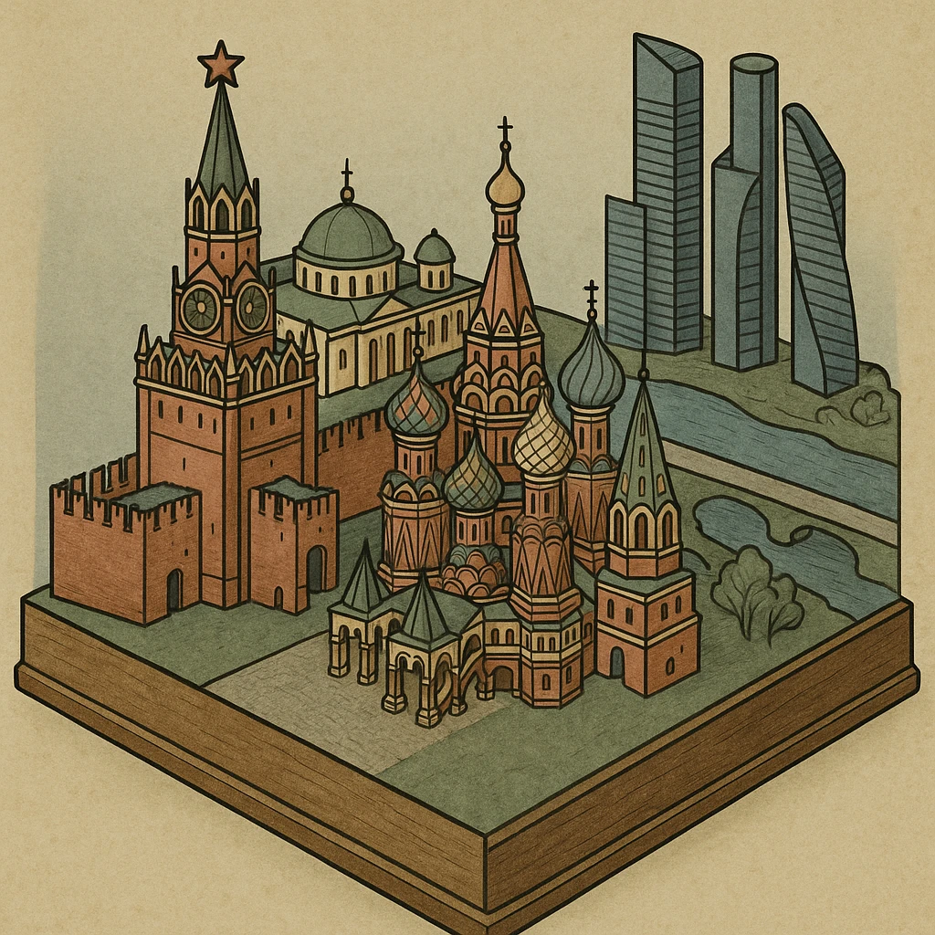 Изометричная миниатюрная 3D модель Москвы на подставке - фотореалистичный Кремль, собор Василия Блаженного, Башни Москва-Сити, аккуратная детализация, яркие цвета, мультяшный реализм, компактная композиция,  вид сверху в изометрии emoji