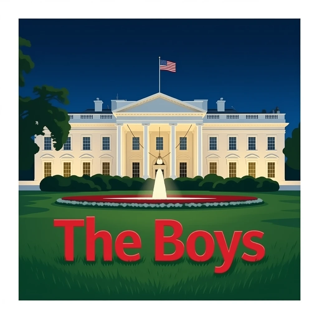 The blood-red text "The Boys" on the lawn of the White House and the American flag at night emoji