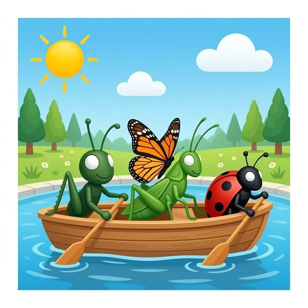 Row your boat at the pool one Ant and a grasshoppe and butterfly and ladybug are rowing their boat together emoji