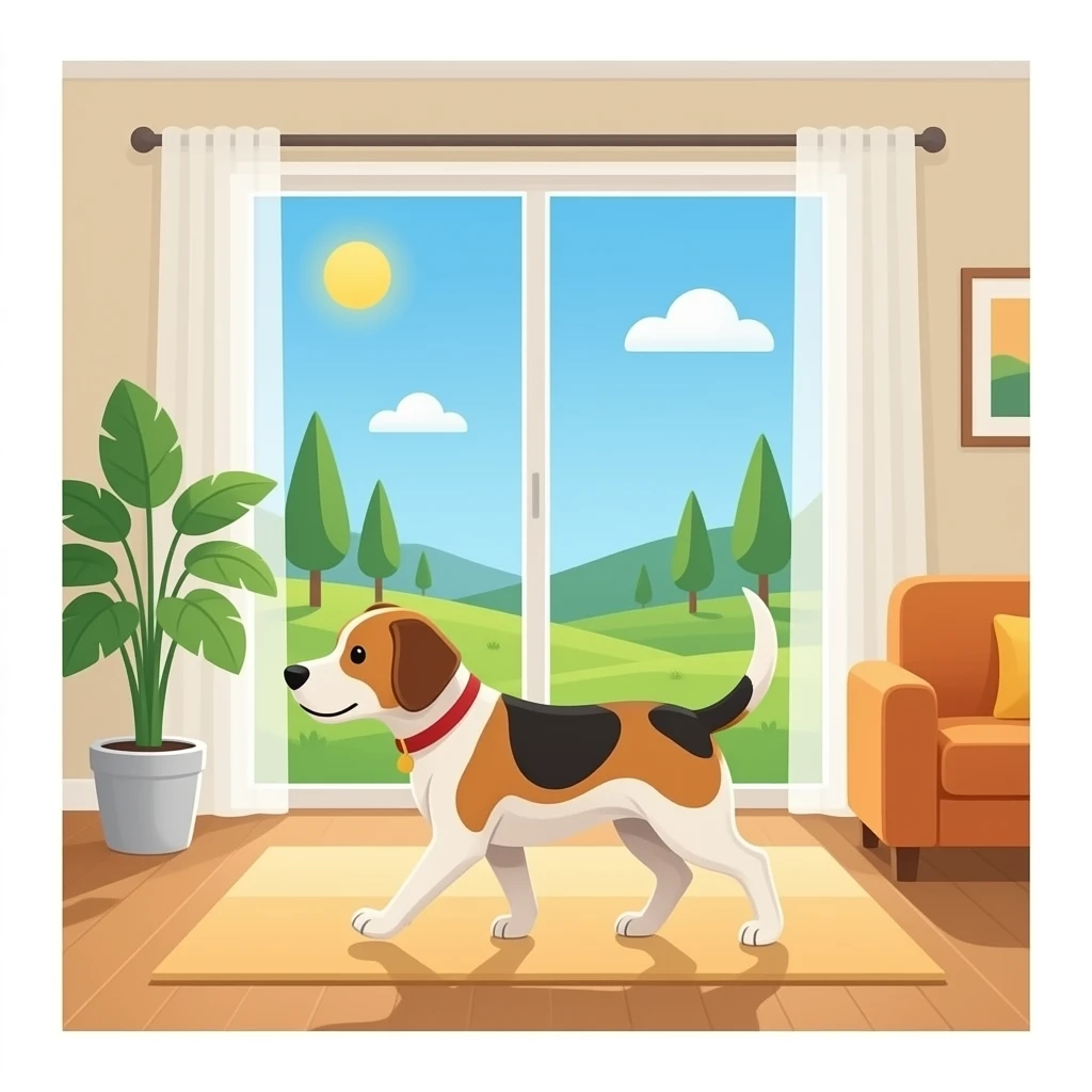 The dog walks into the bright living room emoji