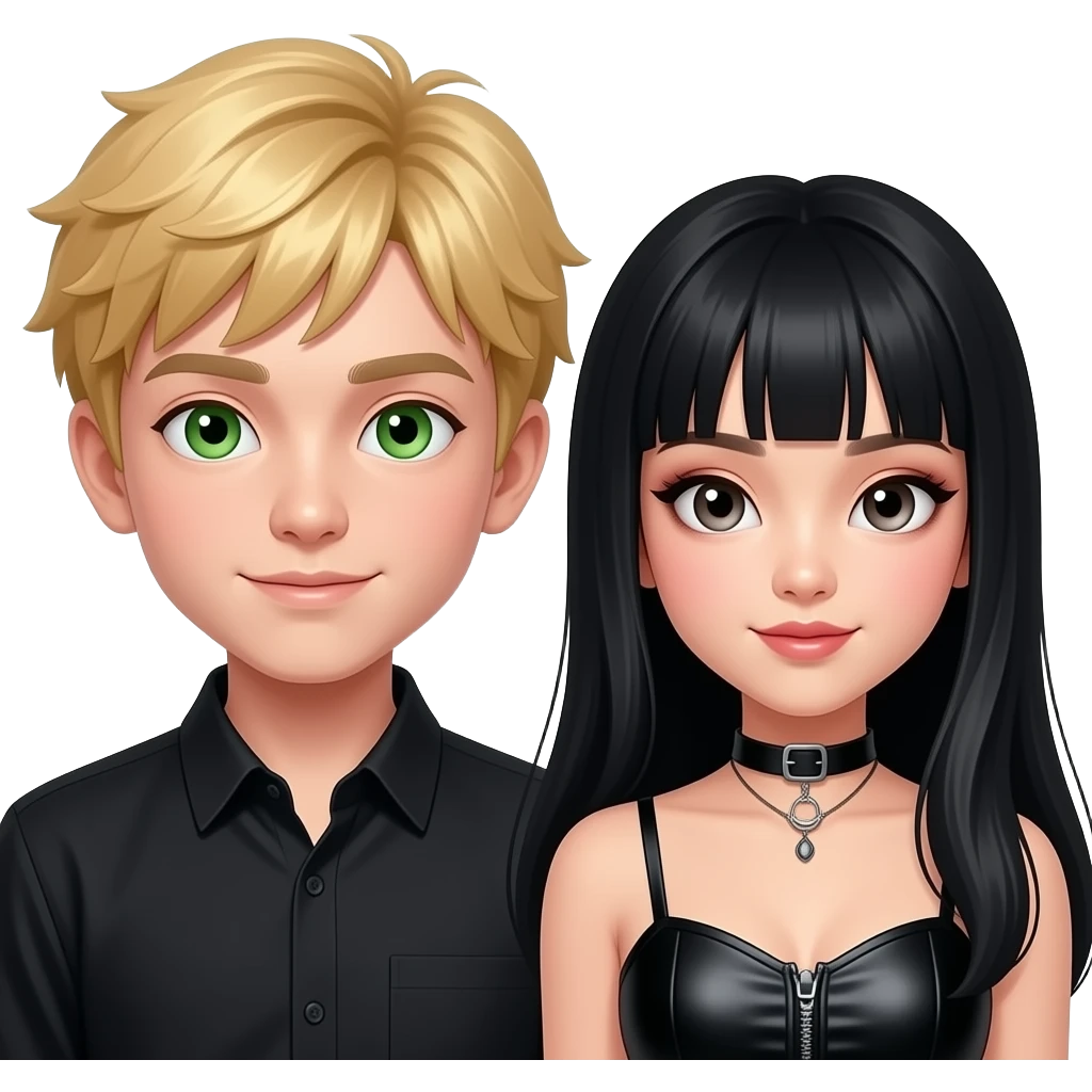 A blonde super super handsome cute and a baddie boy green eyes wearing a cool black shirt and beside her is a girl super cute and Chinese with long black hair with make up on wearing a baddie top and make them a perfect match emoji