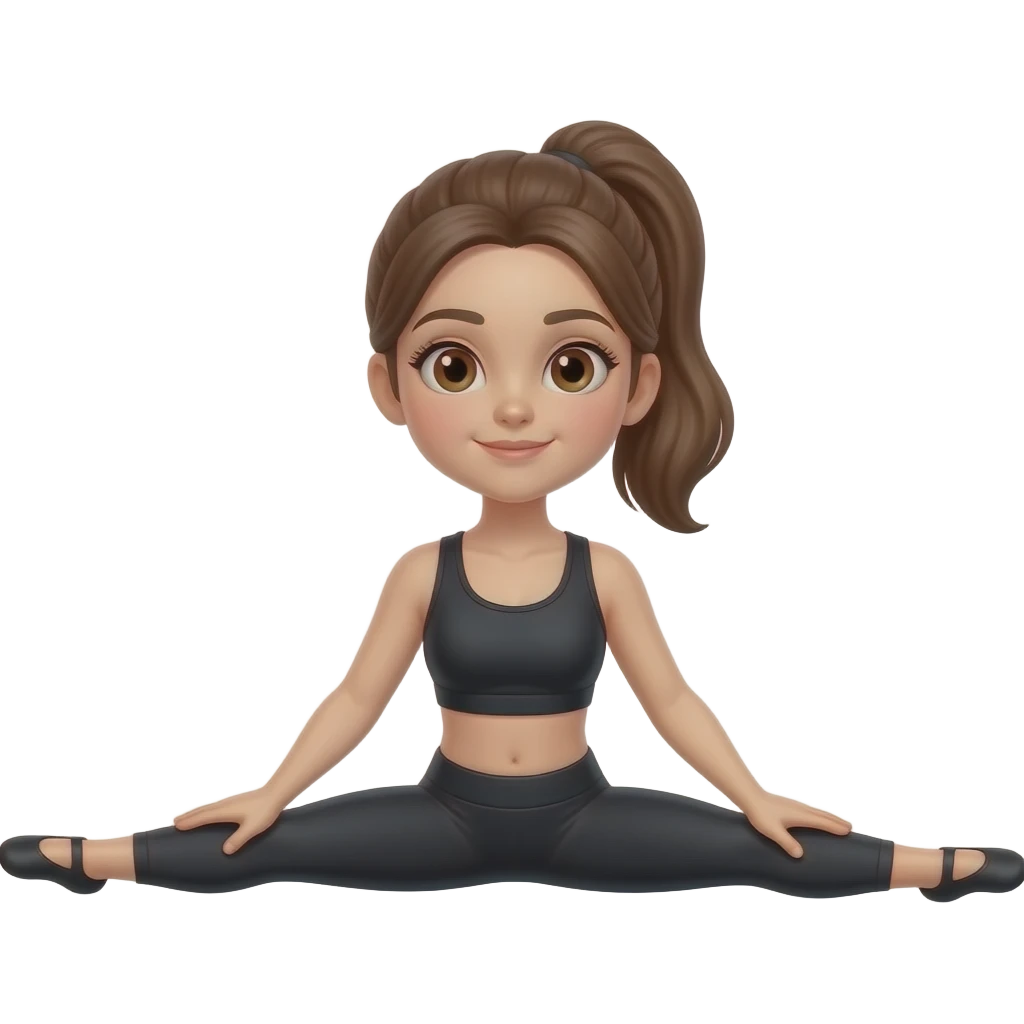 Girl dancers wearing black workout clothes, with brown hair brown eyes and  in ponytail, doing the middle split emoji
