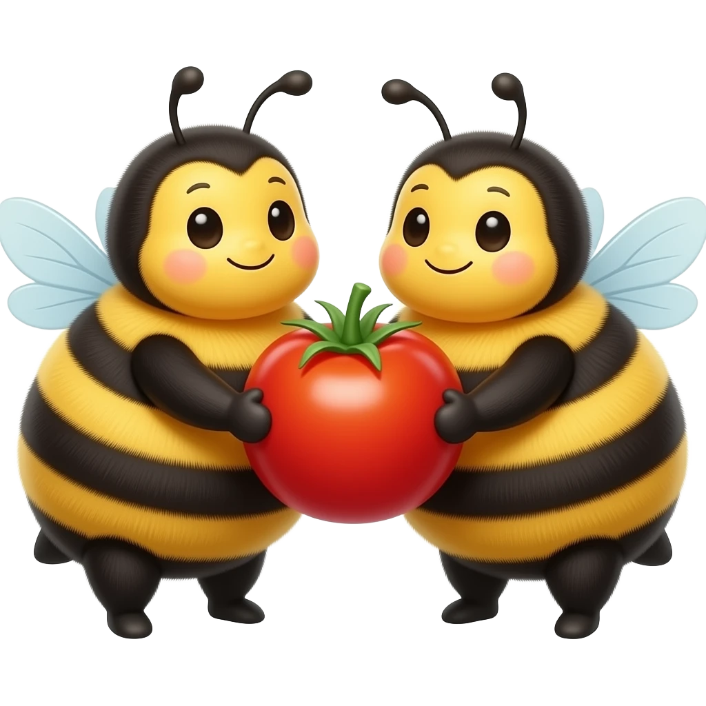 two cute chubby bumblebees holding a cherry tomato together emoji