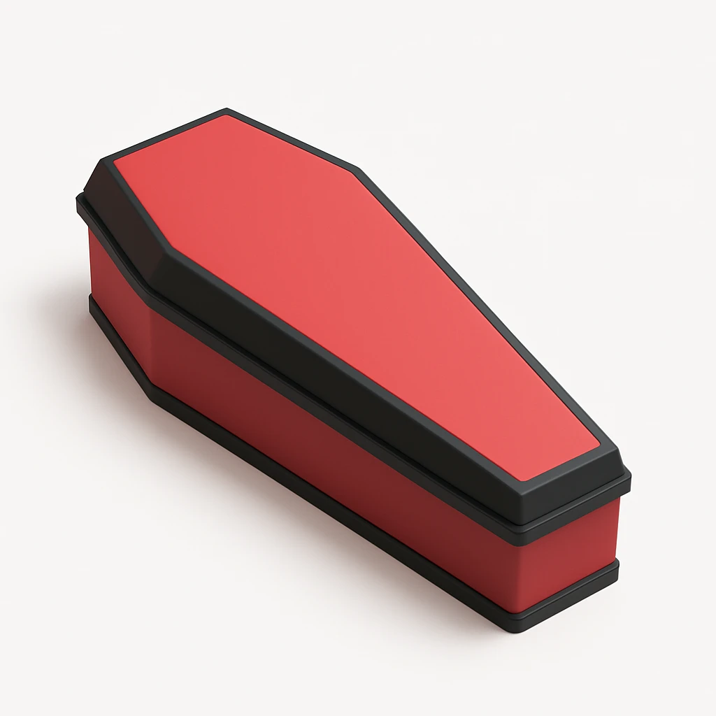 3D coffin, red with black trim, modern style emoji