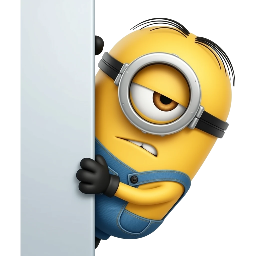 minion peeking from behind a wall vertical looking mischievous and side eye emoji