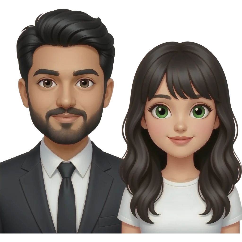 Pakistani guy with black hair, mustache and beard and white girl with long wavy black hair side bangs and green eyes emoji