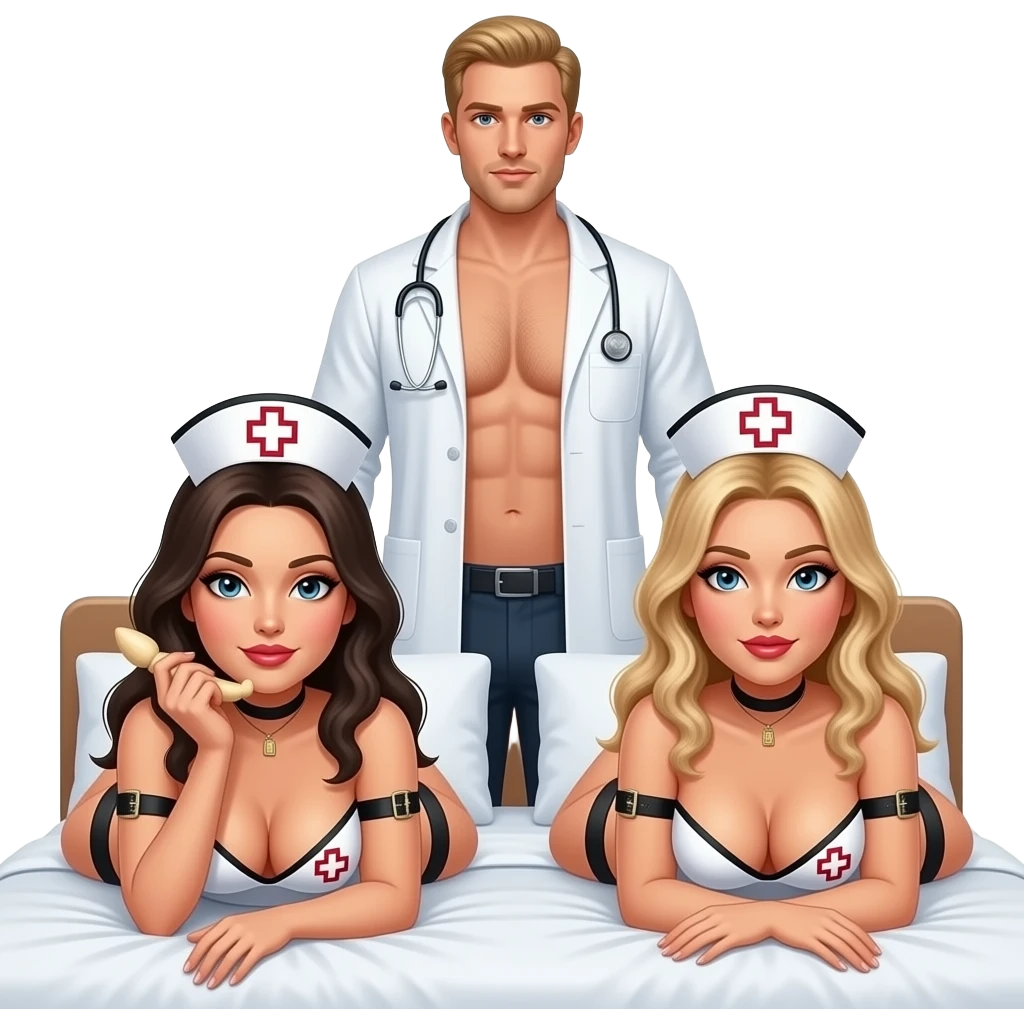 2 nurses with big breasts, slim, both nurses completely naked except for black garter belts, laying doggy style on bed, one nurse has a large dildo in hand, behind them is a tall blond male doctor, also naked with a large erection emoji