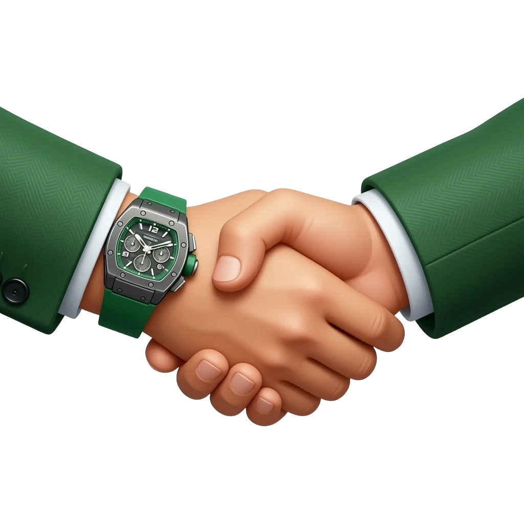 create me hand shake where one of two hands have green richard mille watch on hand, and this hand with watch is on left side, both hands have green suit on. isolated and centered with padding on both sides to avoid cropping. Give a lot of 8k details to this suits sleeves, watch and hands. emoji