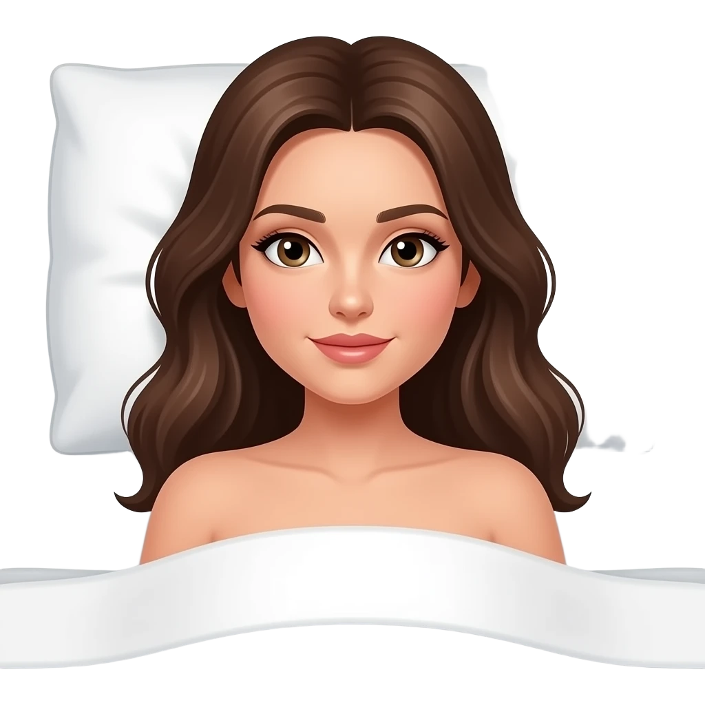 woman with brown hair laying on bed, no clothes emoji