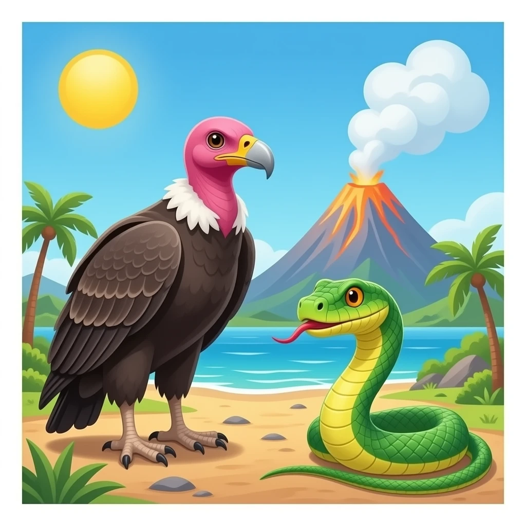Vulture and a viper they go to a vacation near the volcano emoji