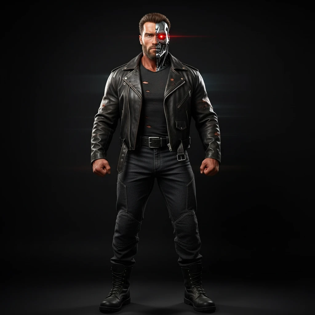 Make this phot of me look buff like Arnold Schwarzenegger in The Terminator, with his biker costume, using my own hairstyle and face. Show half my face as a cyborg with metal and a glowing red eye. I want to look strong, intimidating, and heroic. emoji