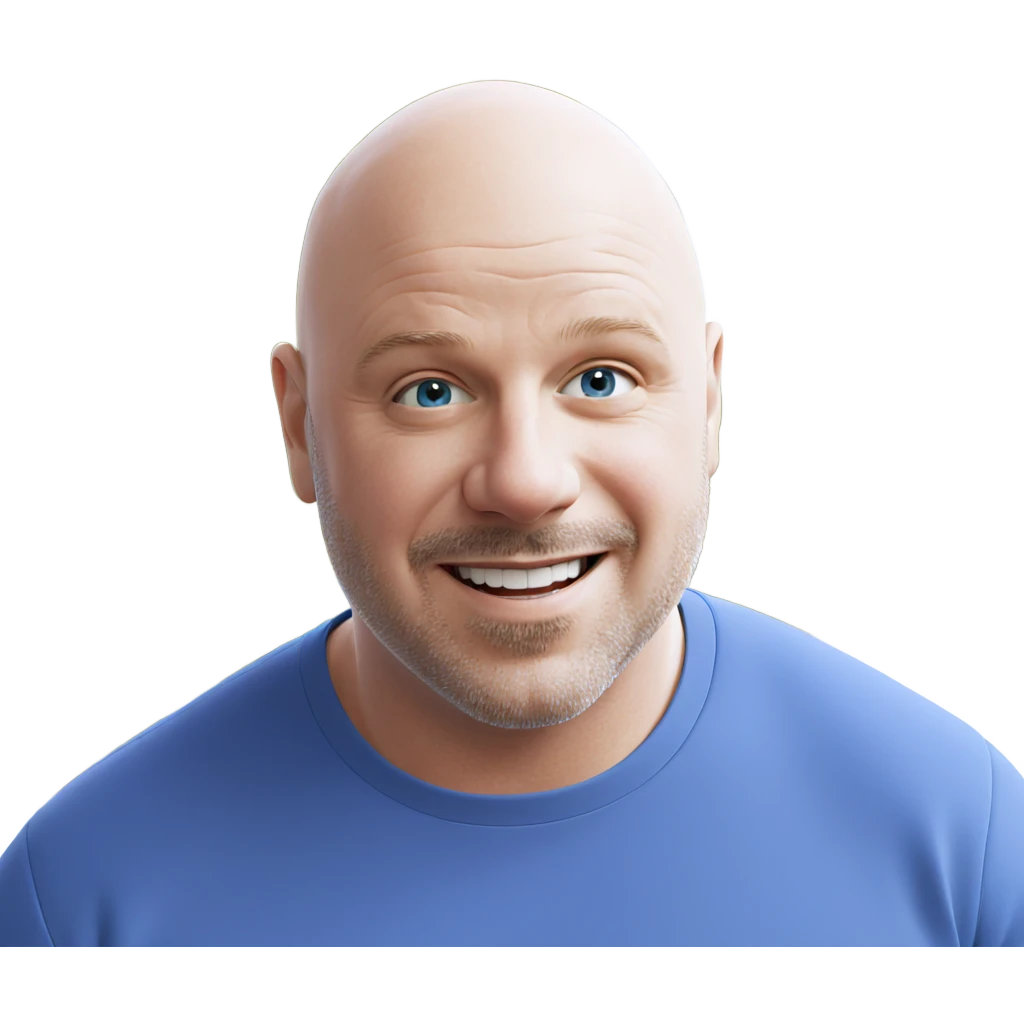bald man smiling in blue emoji