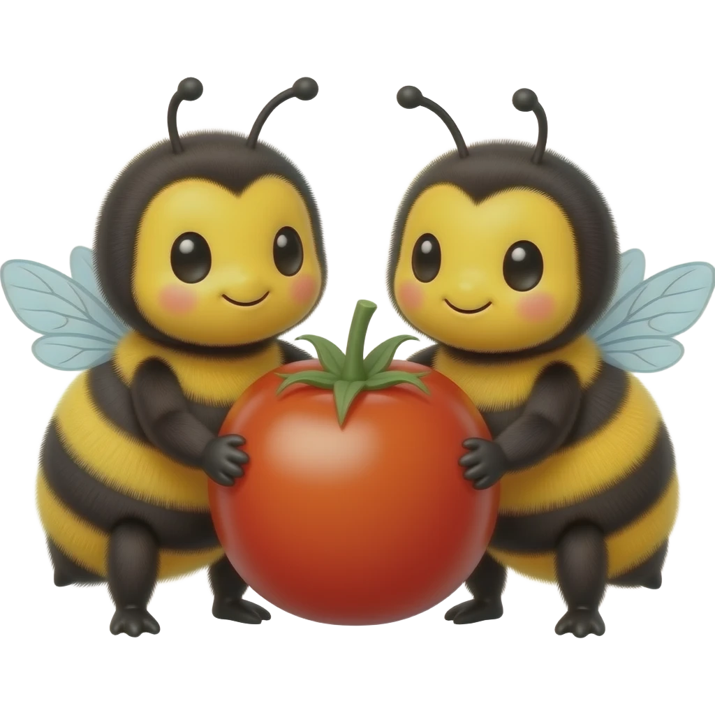 two cute bumblebees holding a cherry tomato together emoji