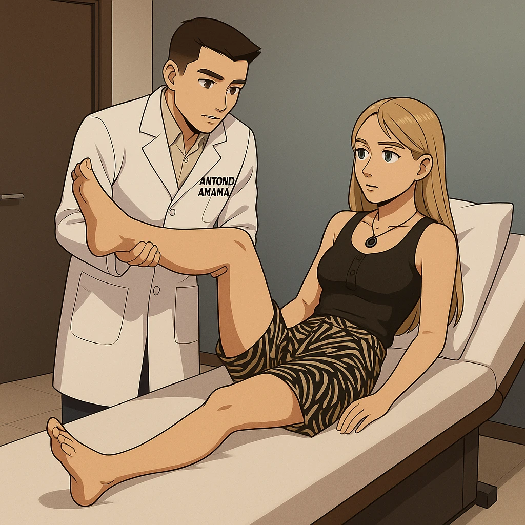 fai un webtoon/manga a colori con questo kinesiologo in camice bianco (fagli la scritta "ANTONIO ANANIA" SUL CAMICE) CHE SVOLGE UN TEST NEUROMUSCOLARE SOLLEVANDO UNA GAMBA ALLA RAGAZZA CHE è STESA SU UN LETTINO BIANCO. STANZA SEMPLICE E MODERNA, DURANTE IL TEST I DUE DIALOGANO TRA LORO. NON FARE I FUMETTI, FAI SOLO LORO COME SE DIALOGASSERO emoji
