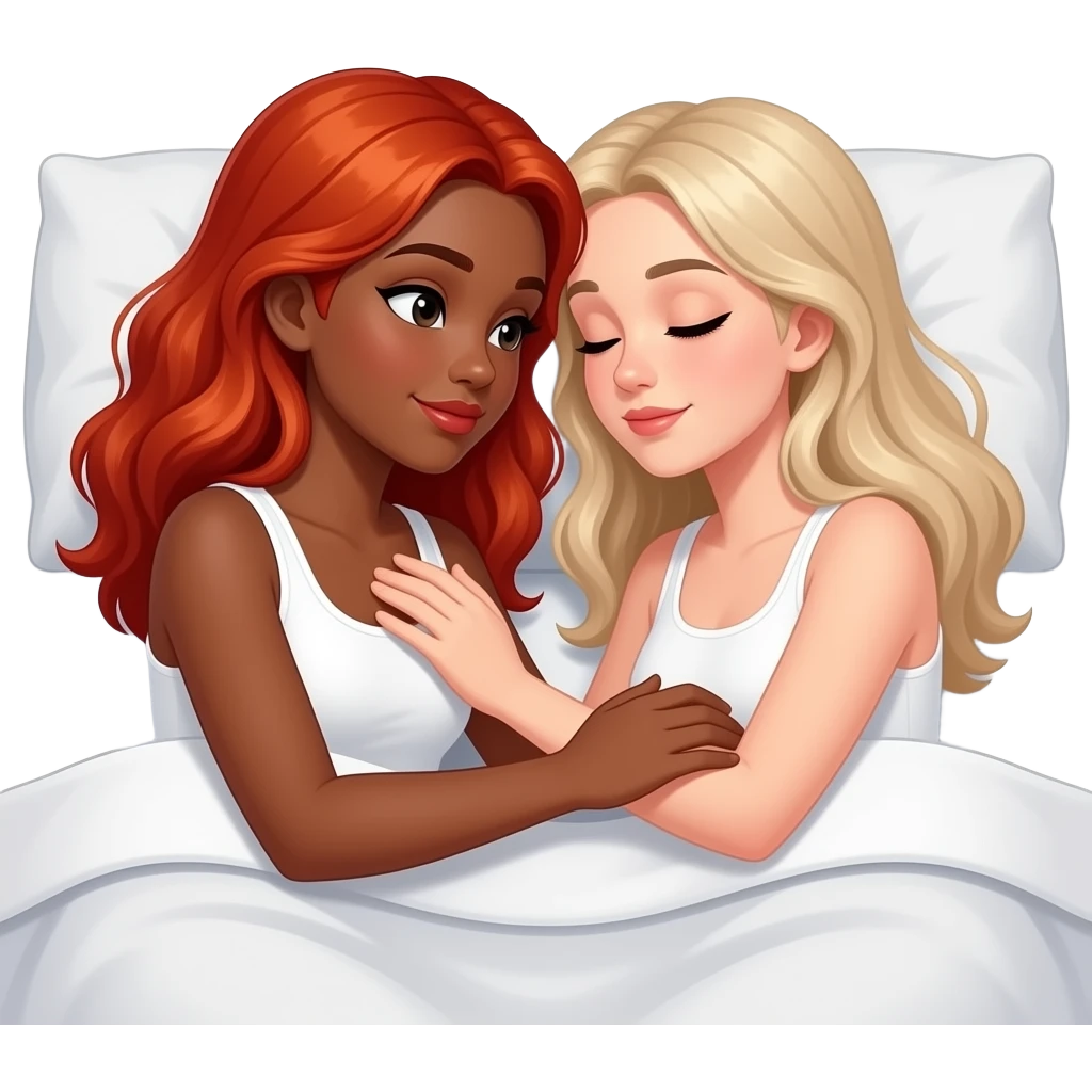 1 red head black girl + 1 white girl love in bed emoji