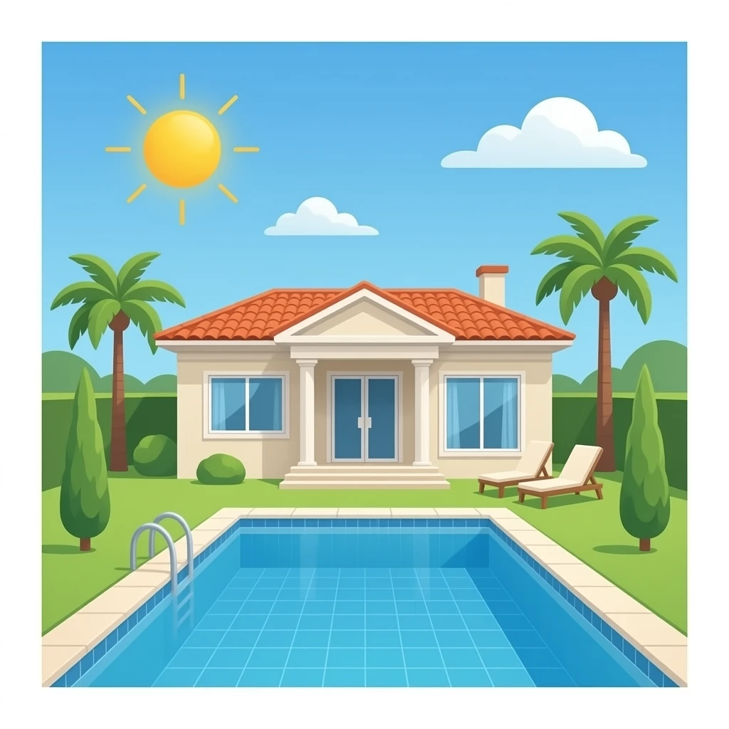 pool villa, single story, building only,no sky and background, looking forward emoji
