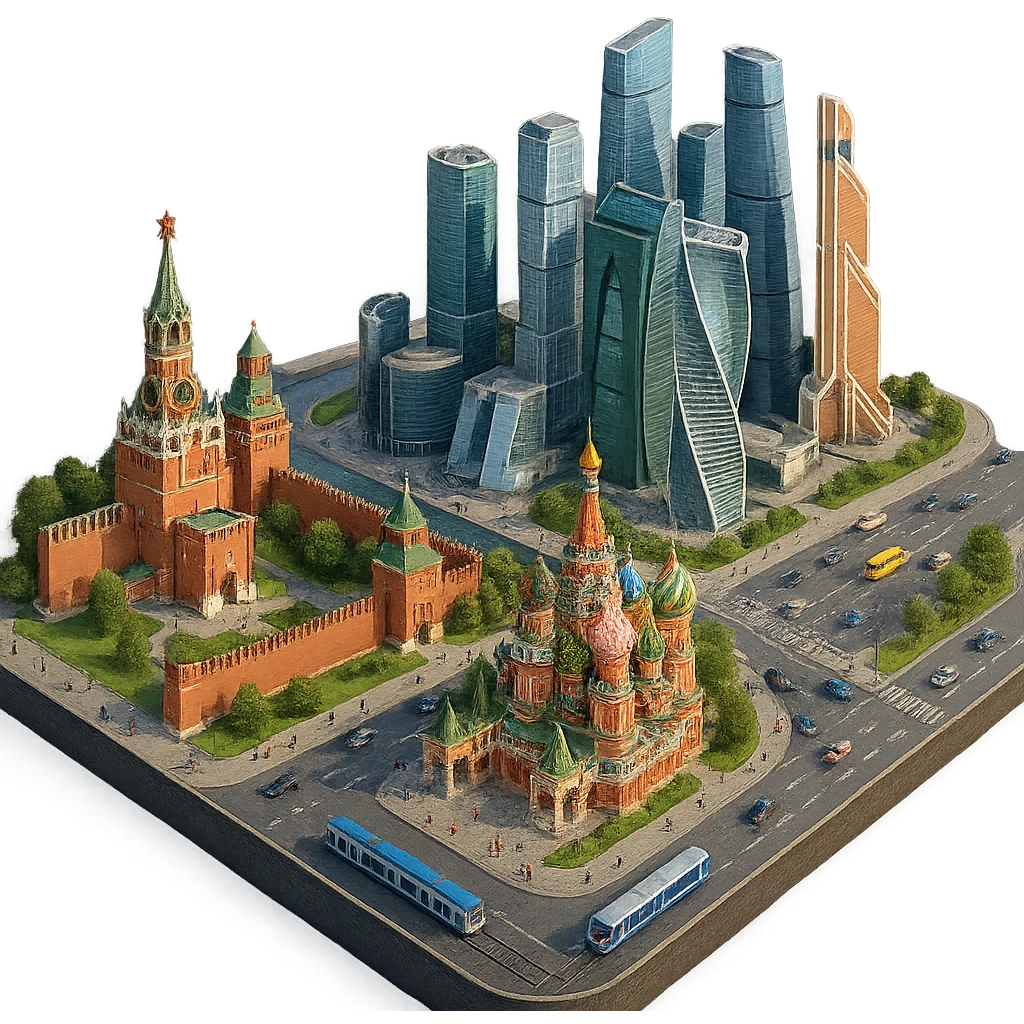 Изометричная миниатюрная фотореалистичная 3D модель Москвы на подставке - Кремль, собор Василия Блаженного, фотореалистичные Башни Москва-Сити, аккуратная детализация, четкие линии, яркие цвета, мультяшный реализм, гуляют люди и современный автотранспорт и метро, компактная композиция, вид сверху в изометрии, прозрачный фон emoji