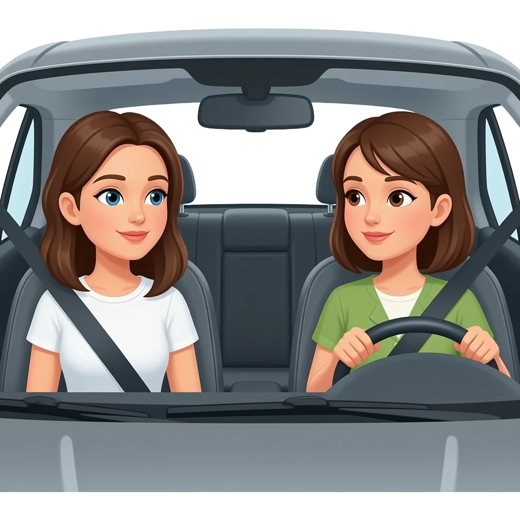 2 adults talking in the front seat girl and girl, emoji