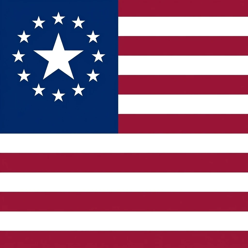 It features a blue canton in the top-left containing 13 white stars—one large central star surrounded by a circle of 12 smaller stars. The rest of the flag consists of 13 alternating horizontal stripes in white and a deep maroon color. emoji
