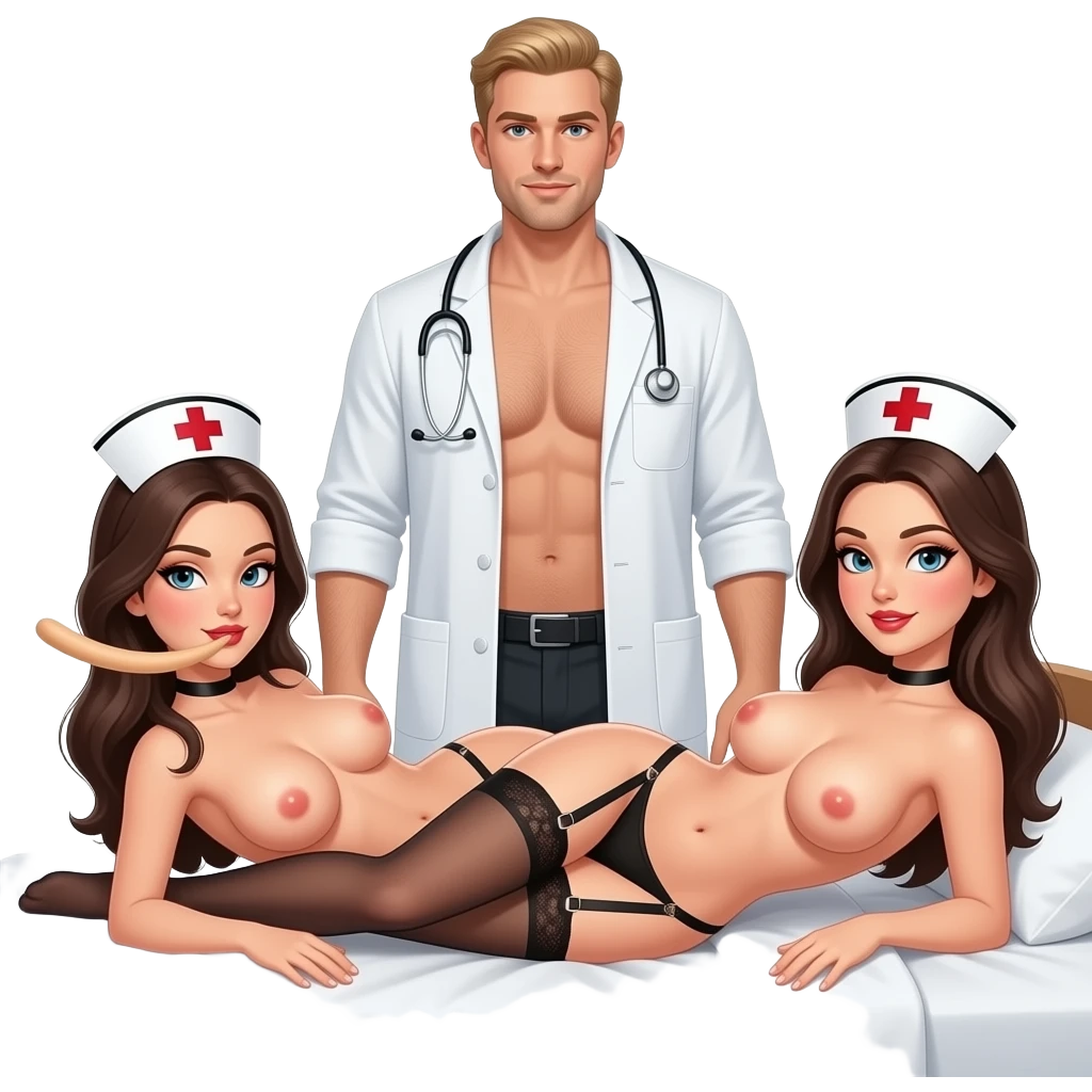 2 naked nurses with big sagging breasts and large nipples , slim, both nurses completely naked except for black garter belts, laying in a 69 position  style on bed, one nurse has a large dildo in hand, behind them is a tall blond male doctor, also naked with a large erection emoji