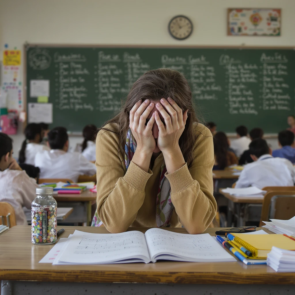 photograph of exhausted teacher in a bustling classroom emoji