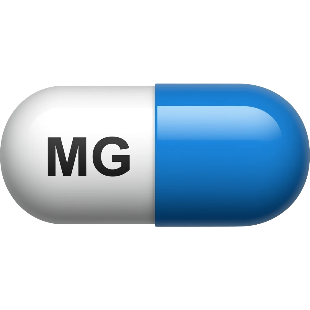 pilule en gelule, horizontale, moitié blanche, moitié bleu, écrit MG sur la moitié blanche emoji