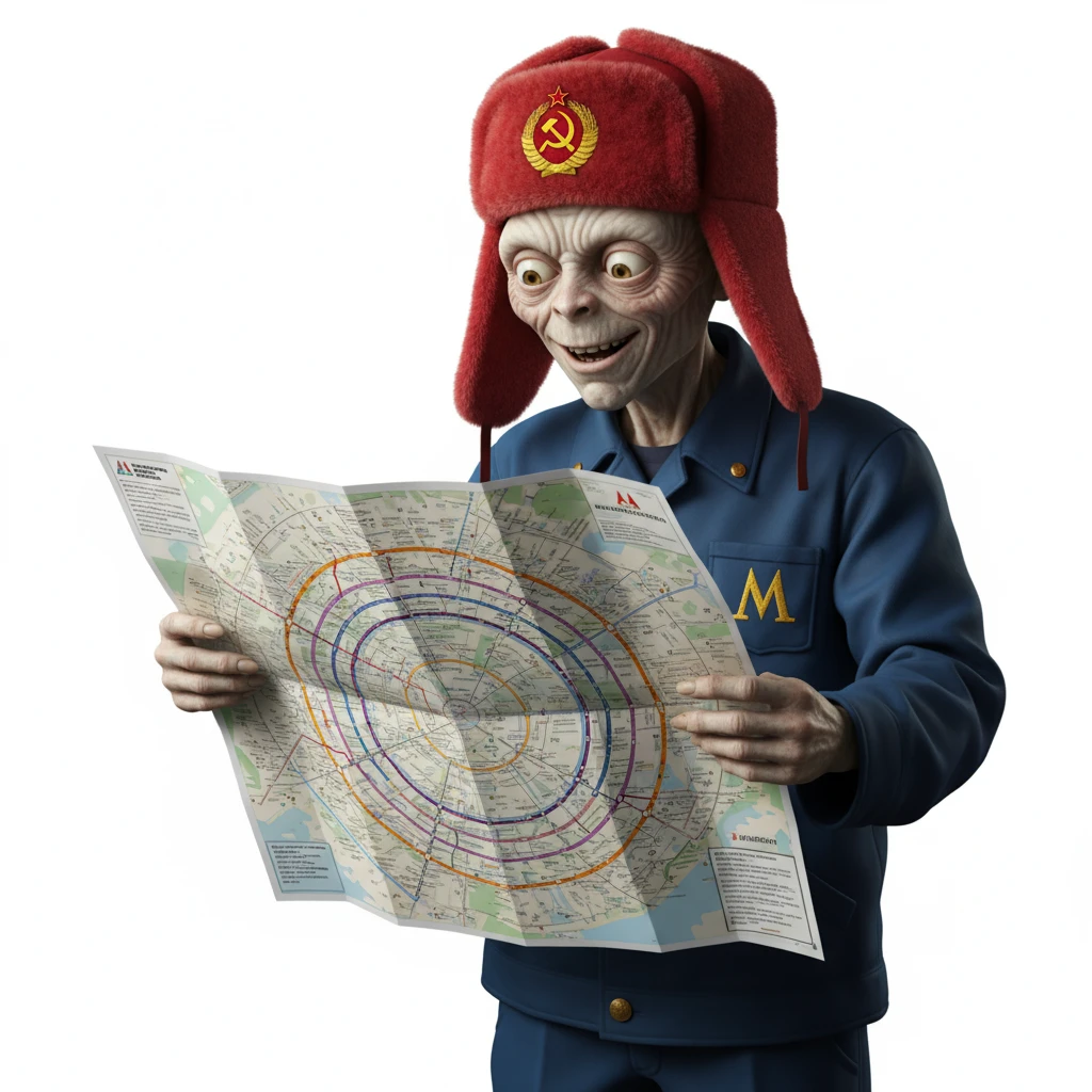 Голлум в красной шапке ушанке (на которой нарисован герб СССР) и костюме работника метро с буквой "М" на груди, держит в руках карту Москвы (на которой видно большое кольцо, кольцевую структуру города) и

Сделай только Голлума, без фона emoji