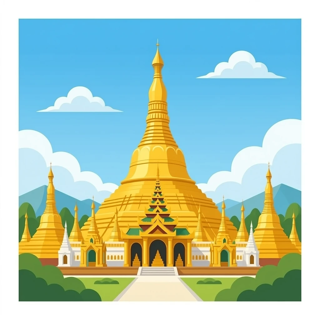 Shwedagon pagoda in Myanmar, simplified emoji style with bold outlines and bright colors, cartoon style golden Buddhist tower emoji