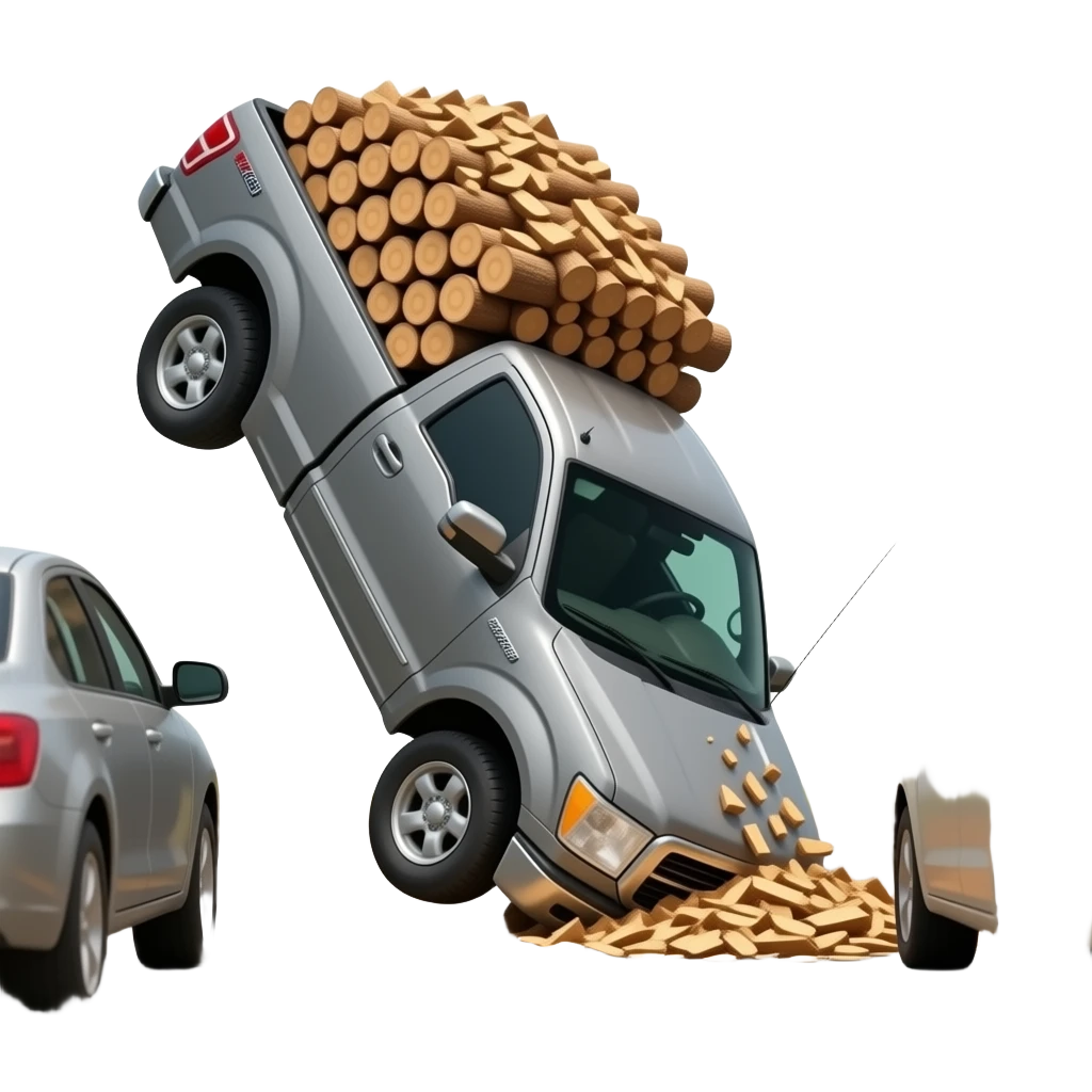 Gray F150 with full of wood chips in the back upside down in between two other cars emoji