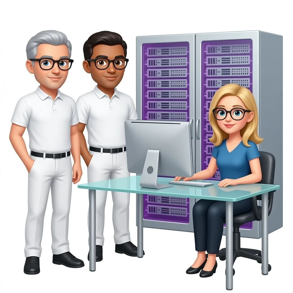 In the background is a silver server cabinet with purple backlighting, in the foreground is a glass table and an imac computer, two men are standing, gray hair, black glasses, black hair, round glasses, dressed in white pants and a polo shirt, a blonde girl in glasses is sitting at the table, emoji