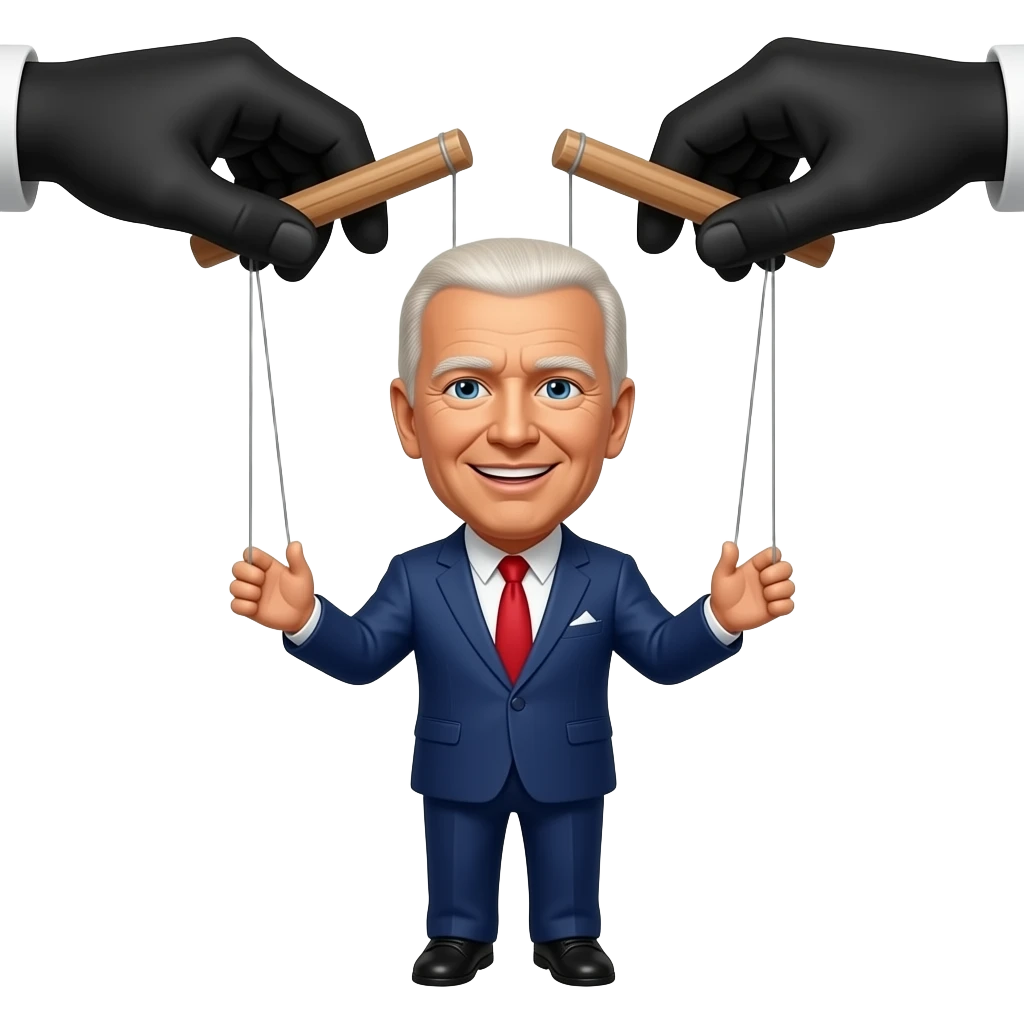 Black hands controlling a marionette styled puppet that looks like President Biden emoji
