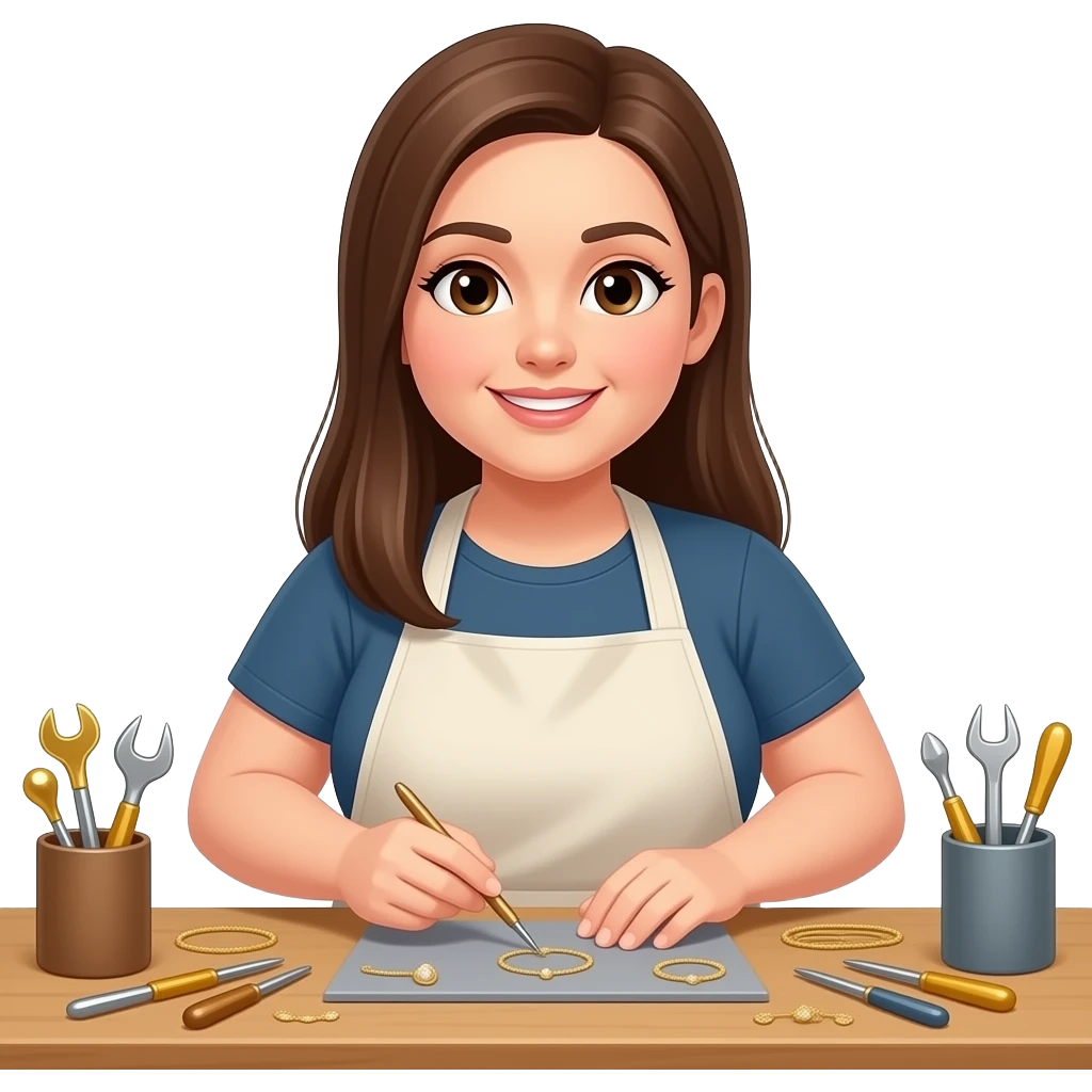 A woman in her 20s with long, straight brown hair; she is slightly overweight, has a cheerful disposition, and is a jewelry maker who works with gold and silver emoji