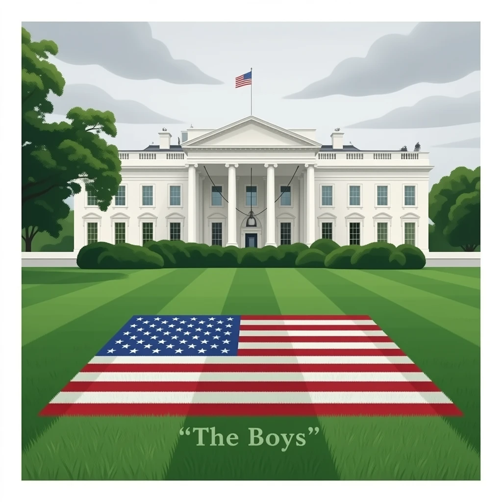 The text "The Boys" on the lawn of the White House and the American flag. It's gloomy. emoji