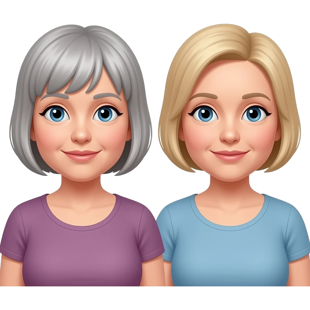 Emoji of 2 middle aged white chubby women 1 with very short and floppy grey hair with fringe and 1 white with thinning short blond hair emoji