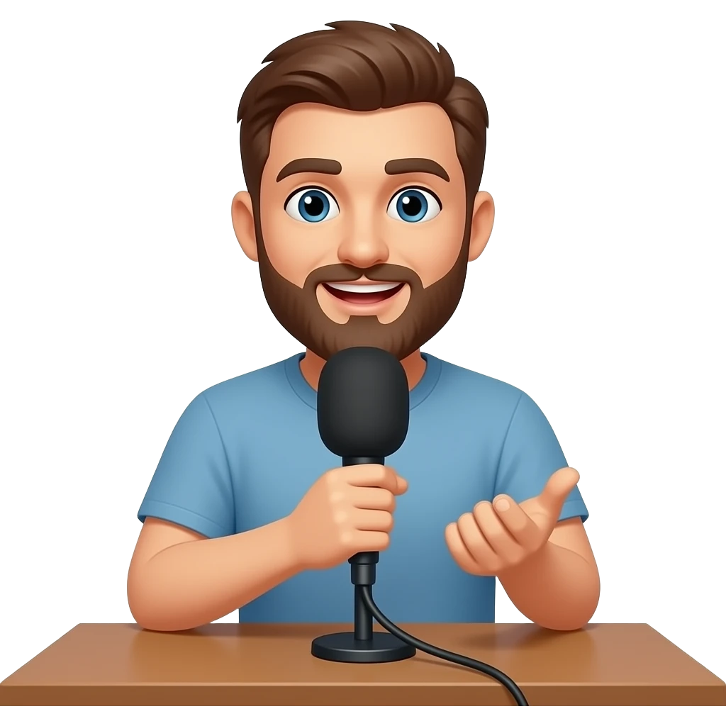 man with beard speaking on a podcast table microphone emoji