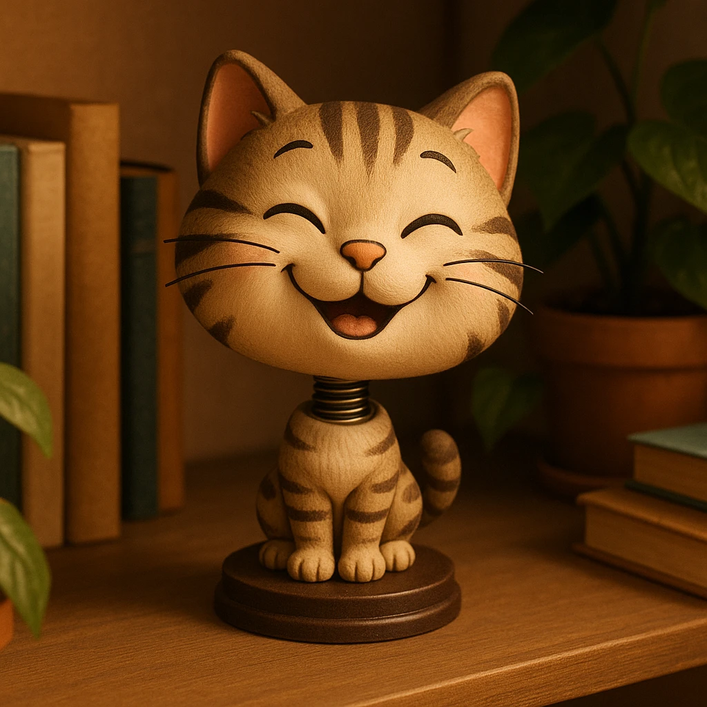 a smiling cat bobblehead, cartoonish, large head, small body emoji