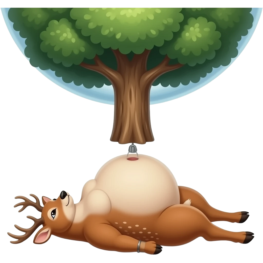 A female deer/doe is sprawling on her back unable to move,she pinned down by her own gigantic spherical ballooning Belly,her Bellybutton looks like it could reach the forest ceiling,she is that Fat,She ate way too much,She is one stuffed deer. emoji