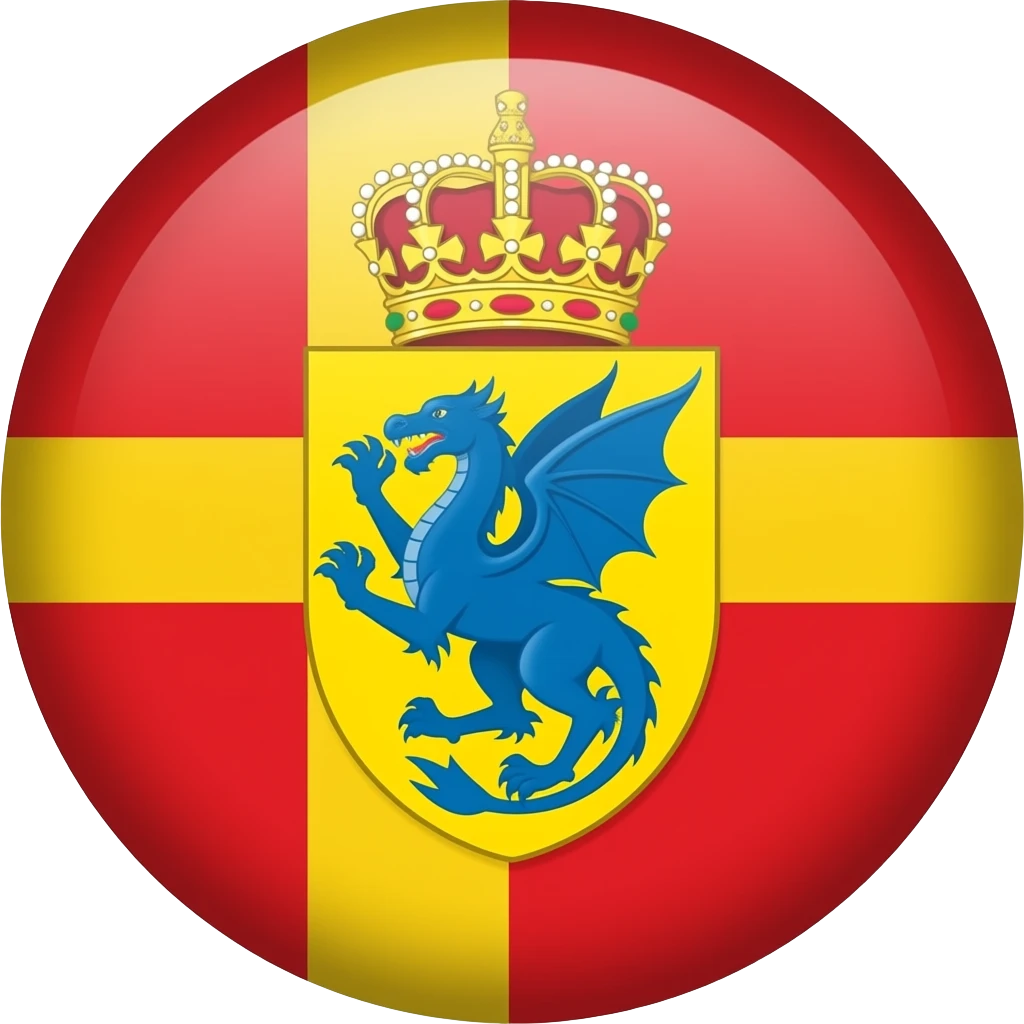 Emoji of Jacobland flag Nordic cross yellow red background where cross meets add shield yellow same color as cross and inside blue dragon red crown on top emoji