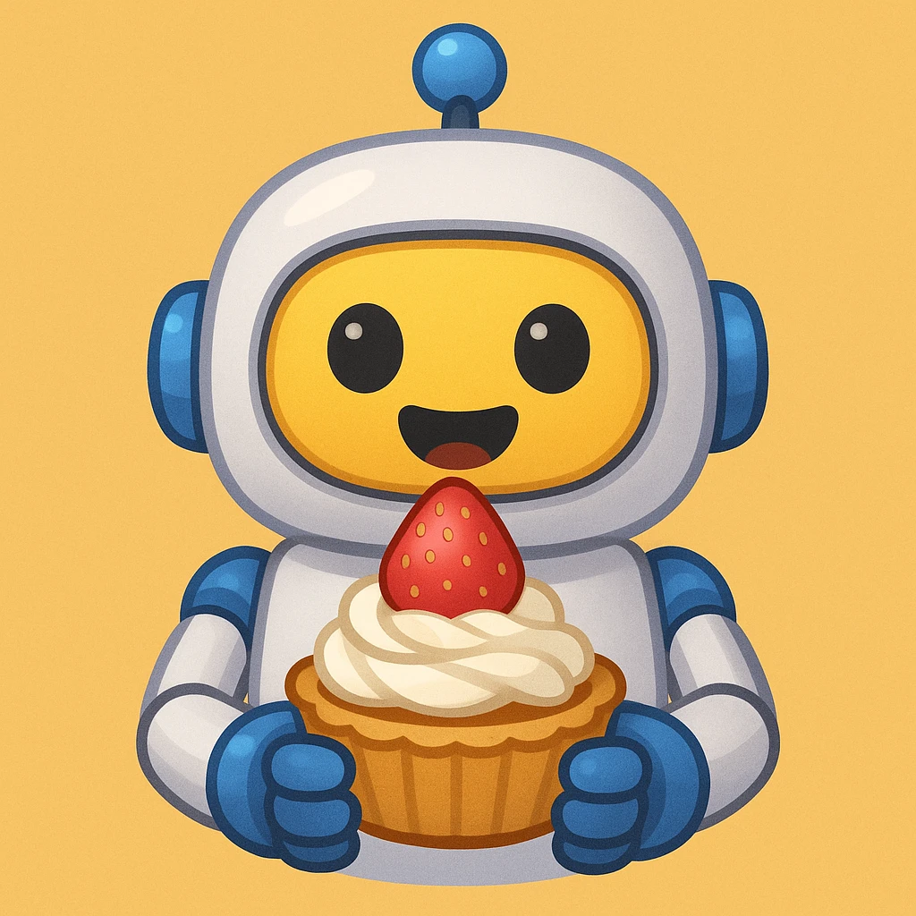 The cute robot is holding dessert in its hands, emoji emoji