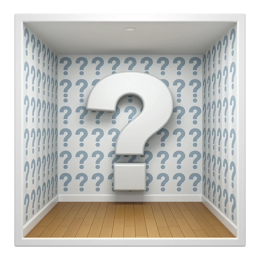 square room showing two walls and a floor. question mark themed wallpaper. giant 3d question mark floating in the center of the room emoji