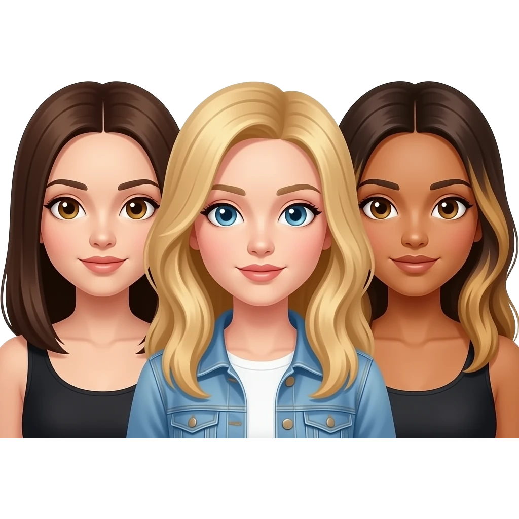 3 girls. 1 brunette straight hair hazel eyes, one blonde blue eyes, one brunette balyage brown eyes emoji