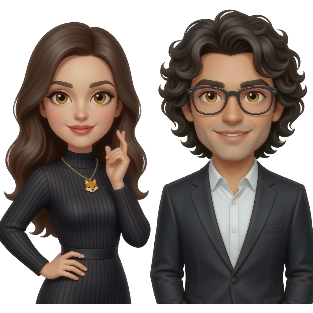 Realisting woman sexy posing elegant black sweater dress with a fox charm necklace model seeing a cute man wearing glasses with honey colored eyes, Italian  and long curly black hair emoji