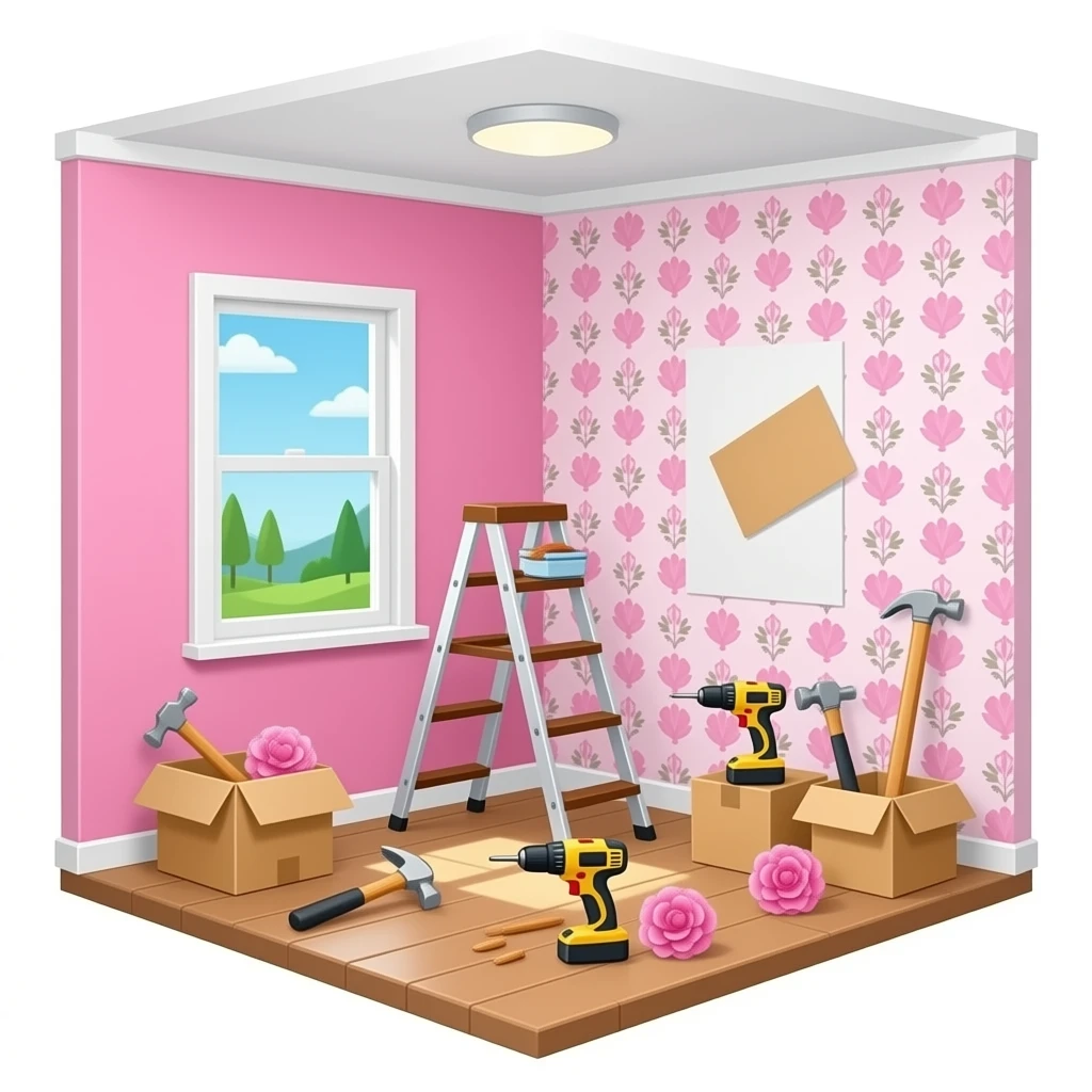 a room with one wall pink. another wall has wallpaper about to be put onto it. ladders, hammers, drills, and boxes of pink decorations around the room emoji