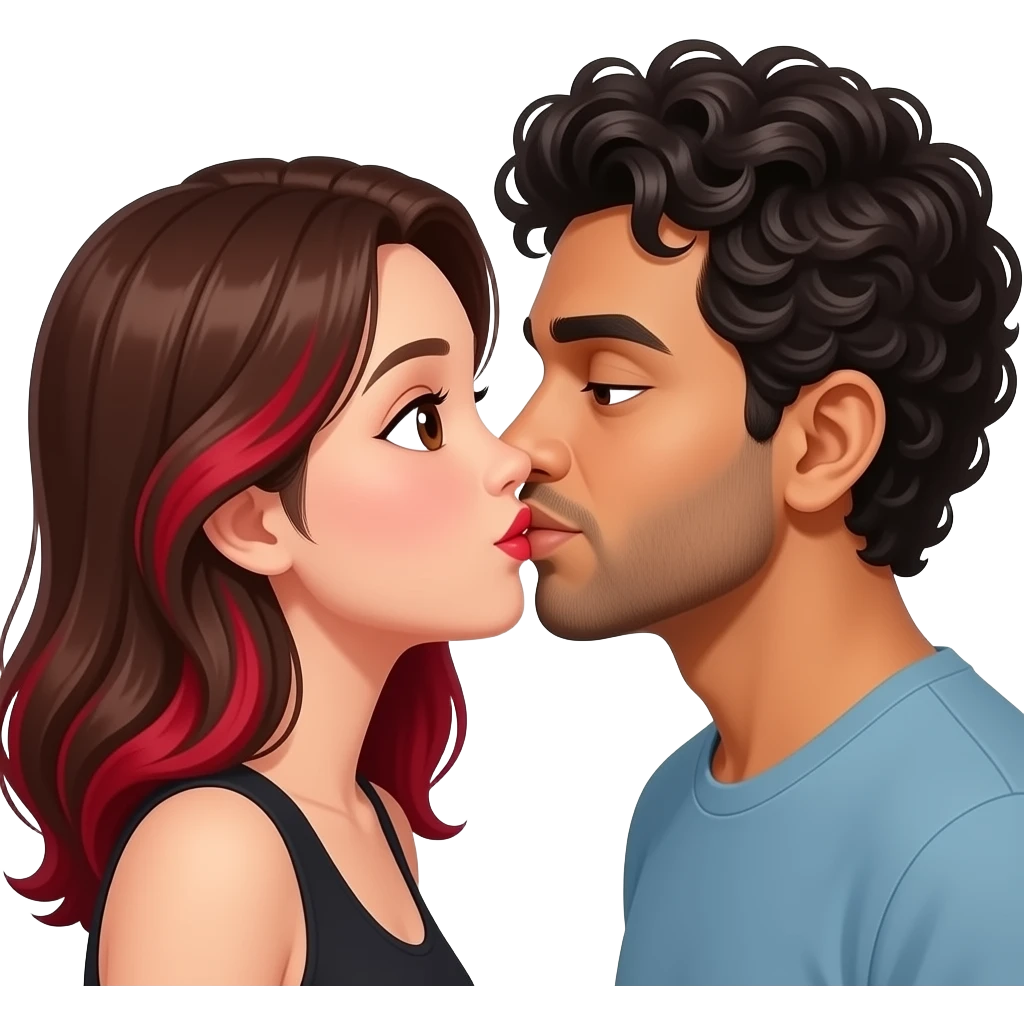 Kissing on the lips emoji involving East Asian woman with red highlights in her brown hair and clean shaven Indian man with curly hair. Both have brown eyes emoji