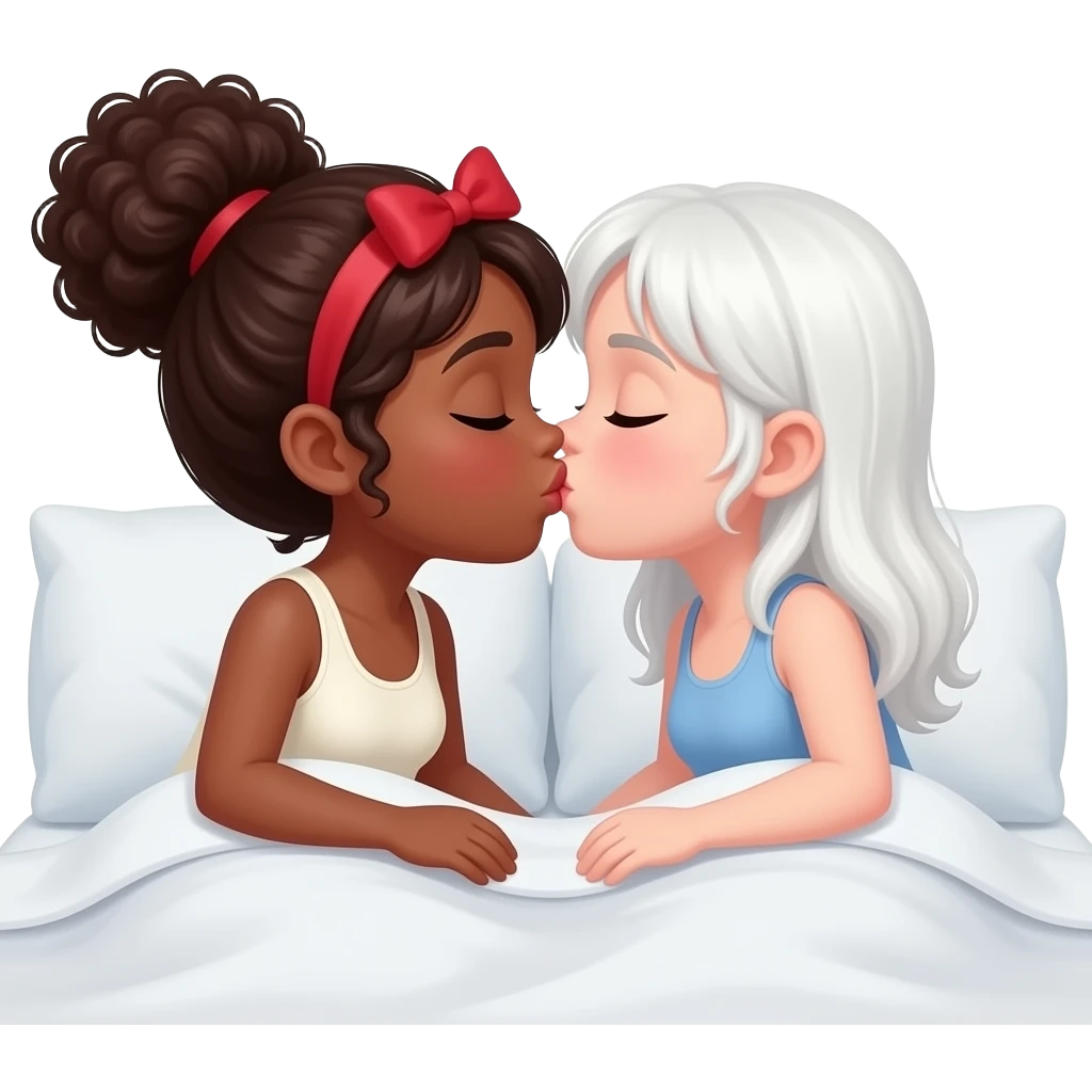 1 red head black girl + 1 white girl kissing in bed emoji