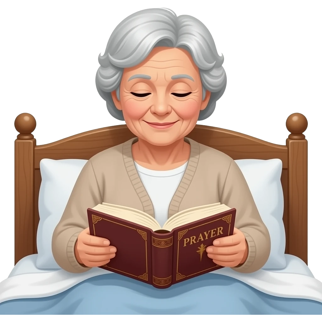 A fat elderly woman is flipping through a prayer book in the bed emoji