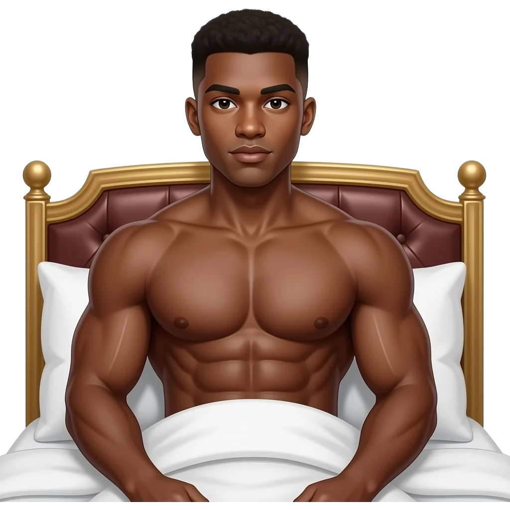 make a black skinned 20 year old man in a brown low taper fade with his shirt of and bunch of abs and big muscles looking hot in his rich bed emoji