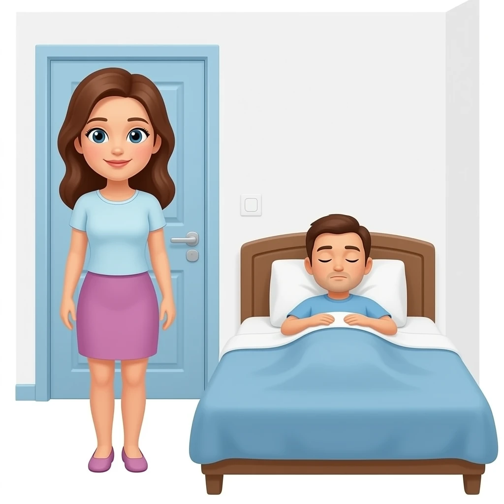 woman by room door with husband sleeping in bed, emoji
