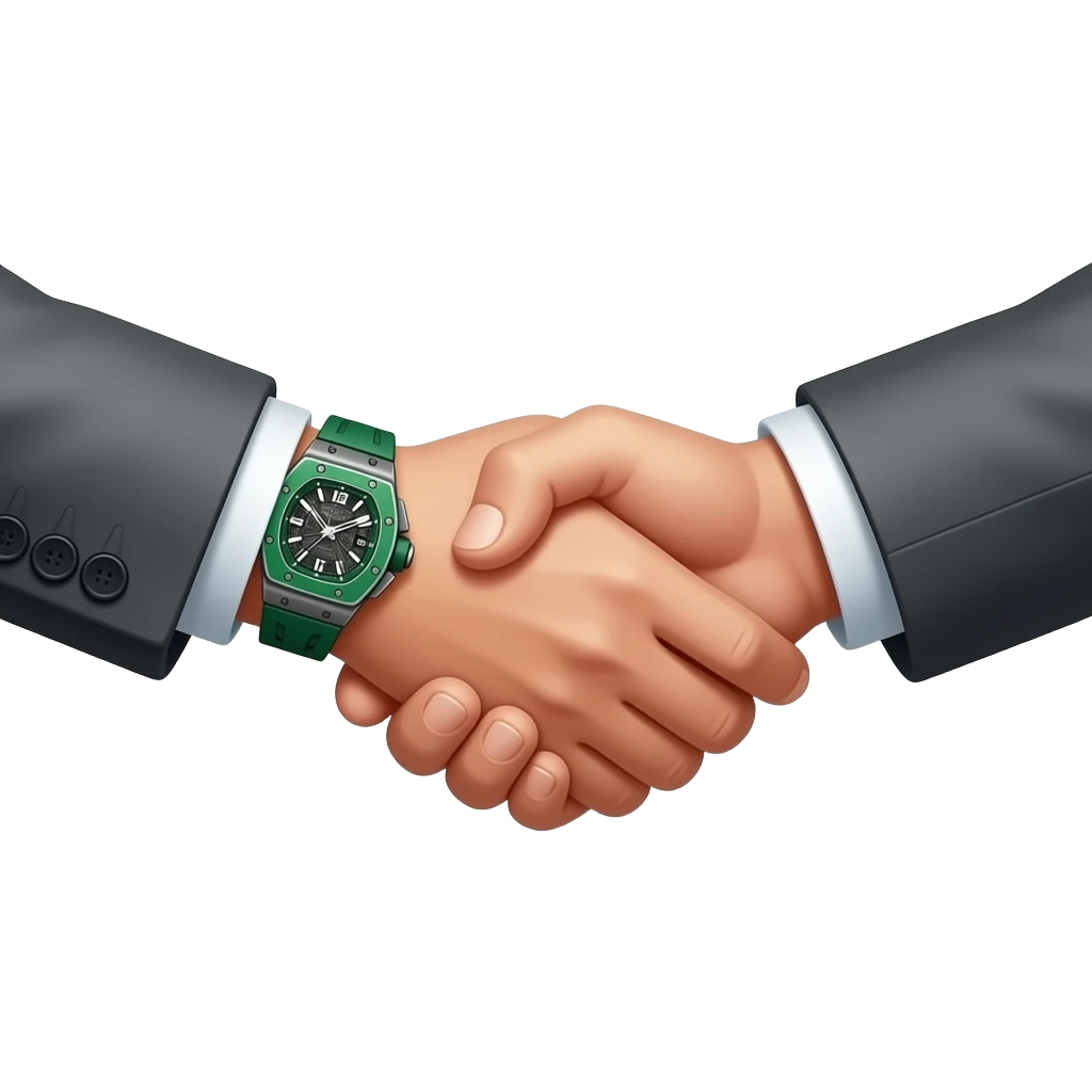 create me hand shake where one of two hands have green richard mille watch on hand, and this hand with watch is on left side, both hands have suit on. isolated and centered with padding on both sides to avoid cropping. Give a lot of details to this suits sleeves, same on watch emoji