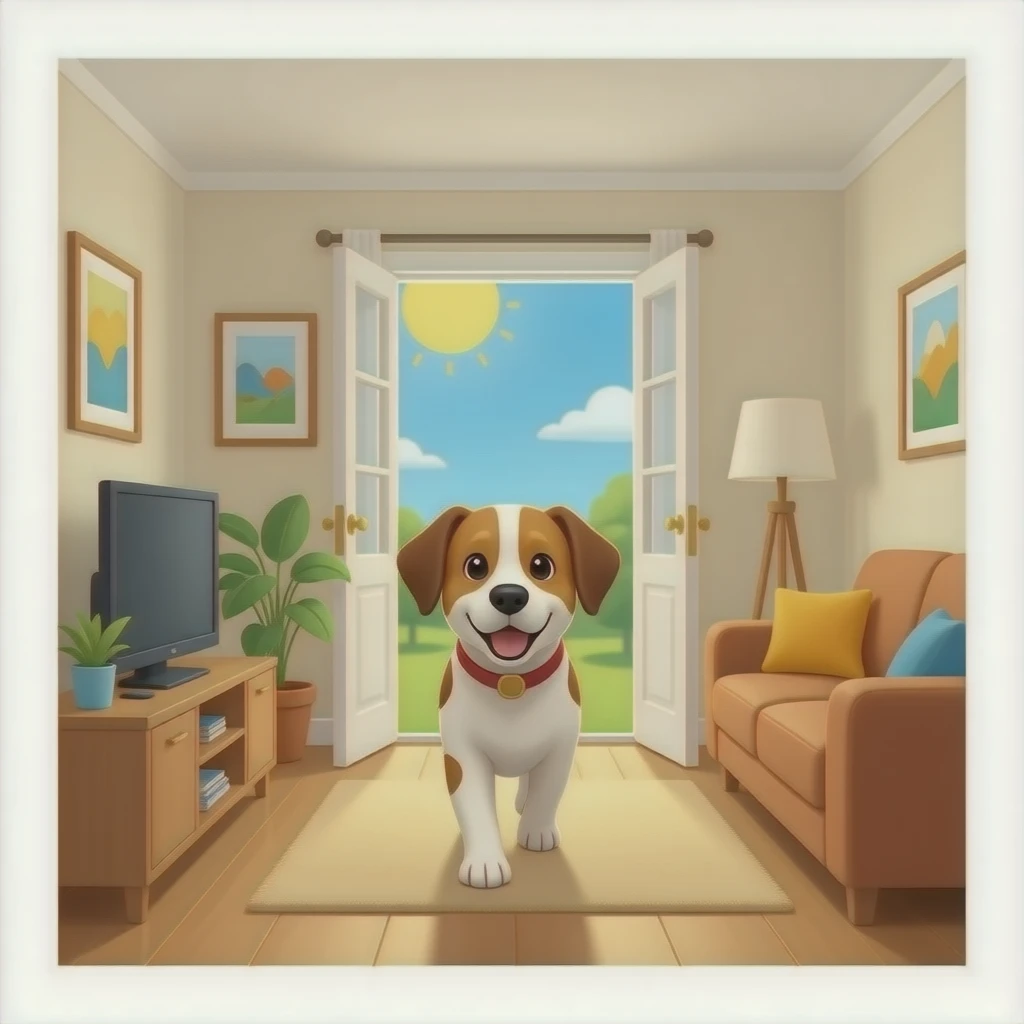 The dog walks into the bright living room emoji